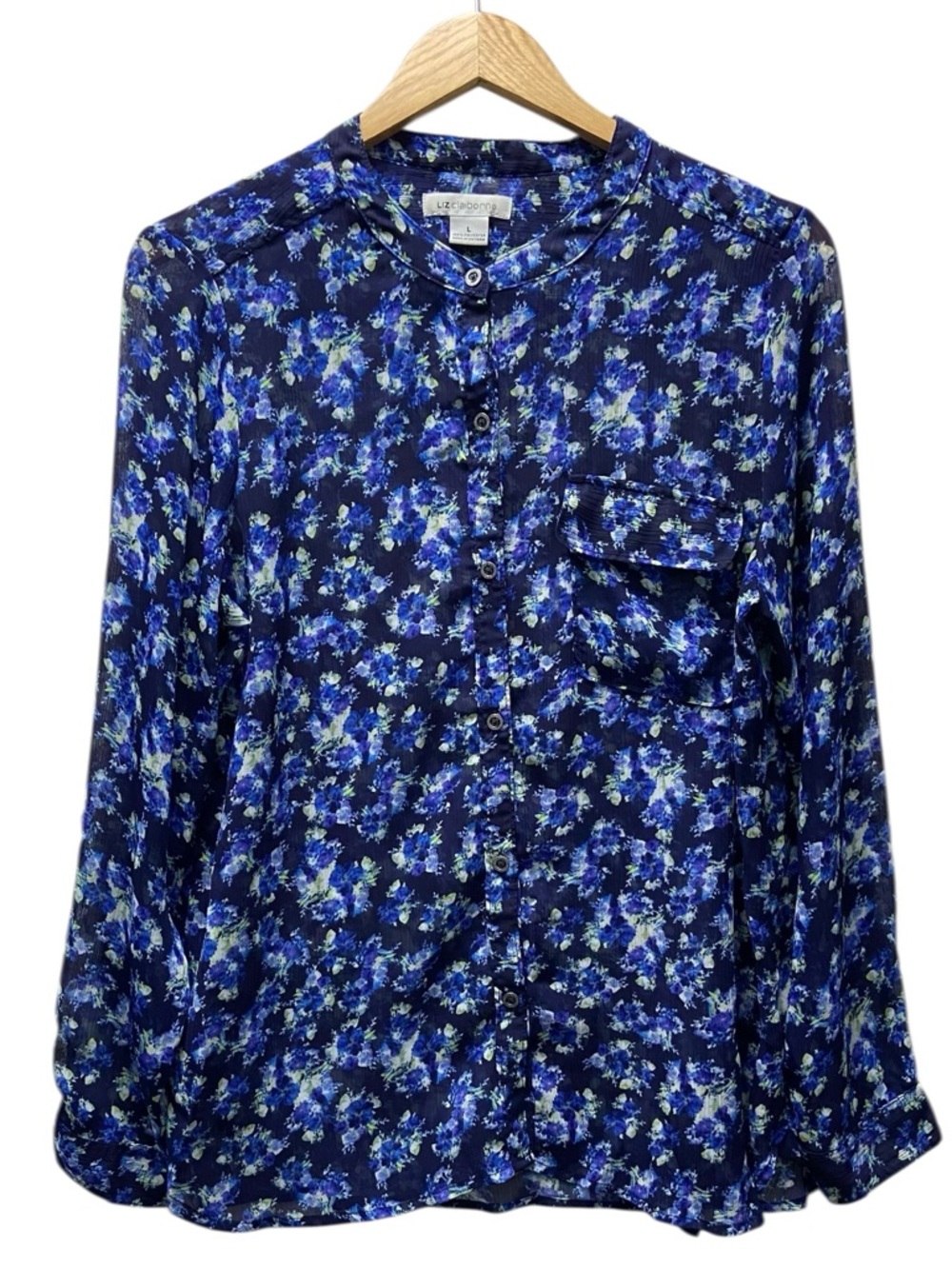 Liz Claiborne Sheer Blue Floral Button Down Blouse Top - Women’s Large